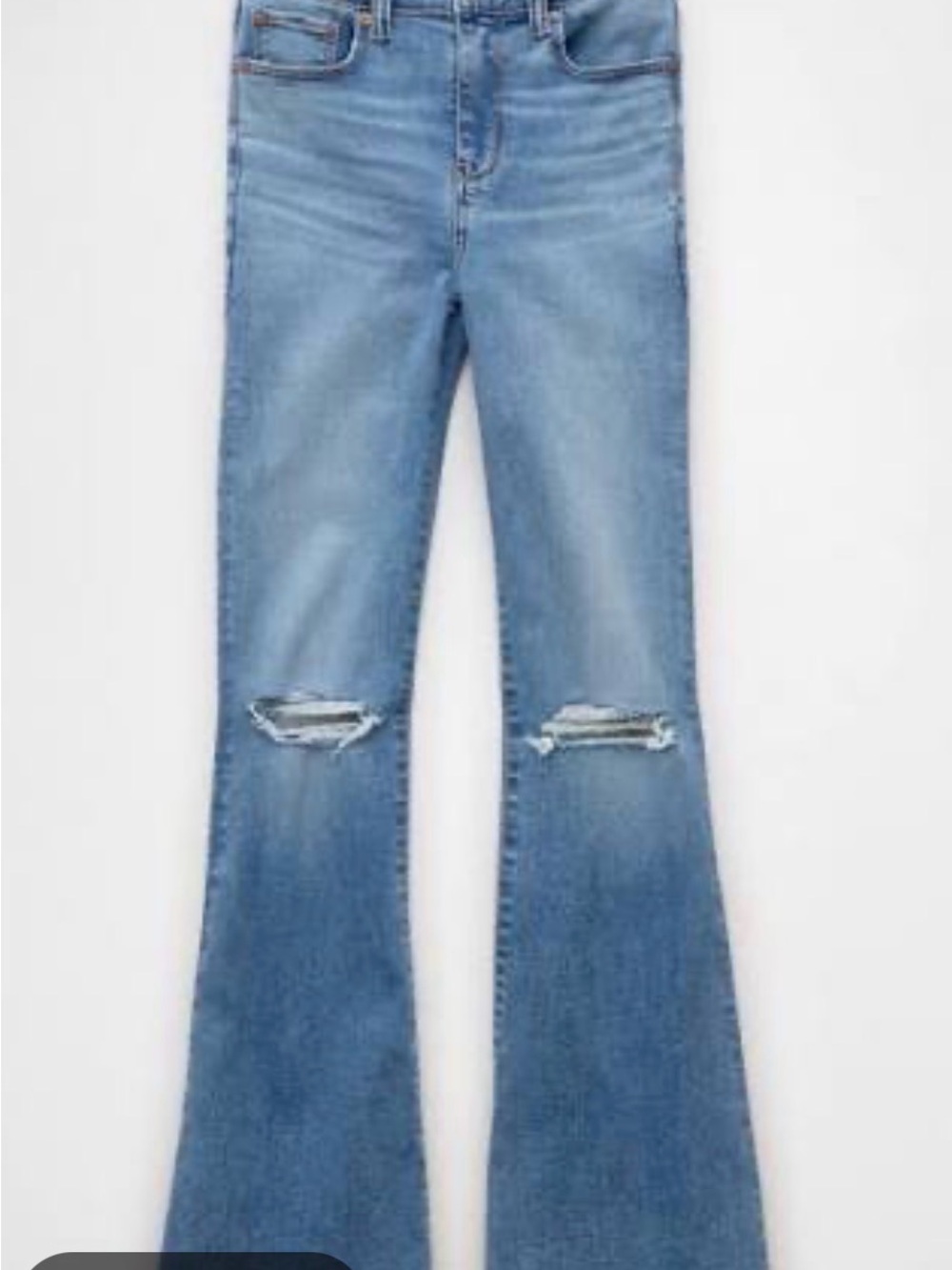 American Eagle Outfitters Light Blue Flare Jeans with Knee Rips